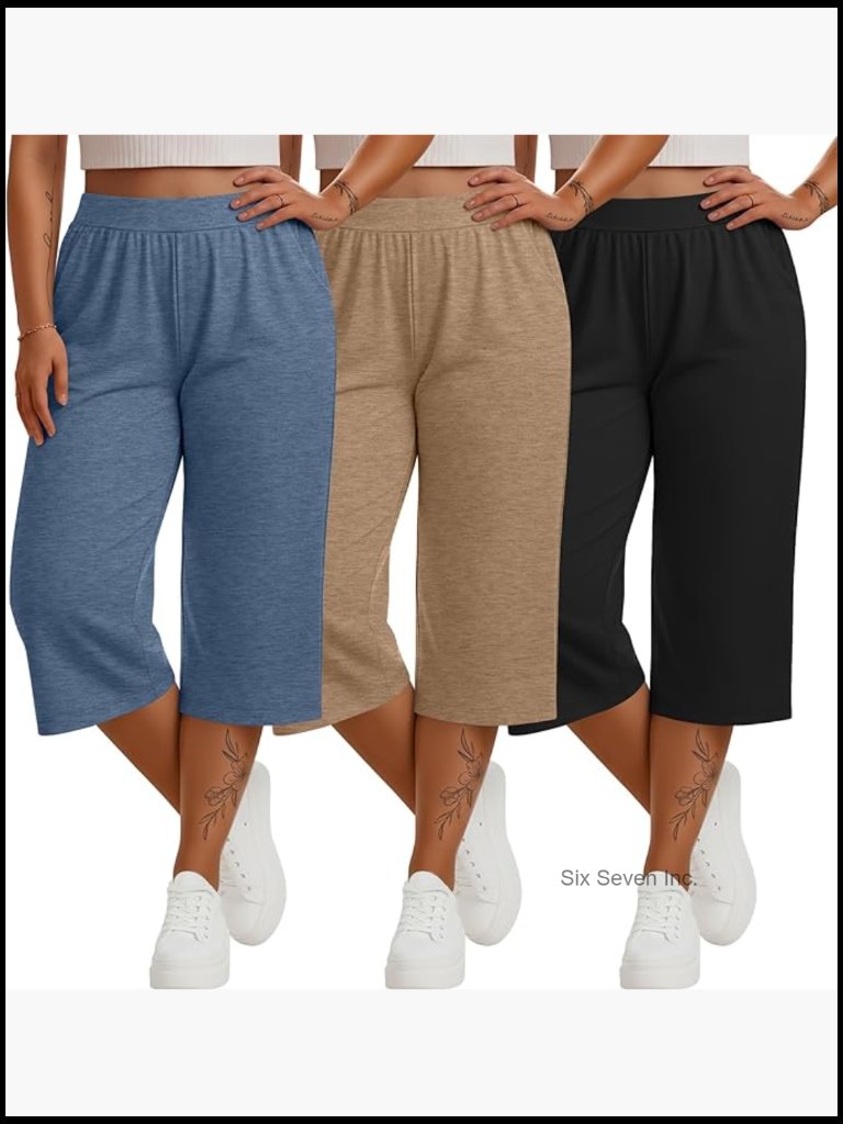3pk Plus Size Wide Leg Capri Pants Yoga Sweatpants With Pockets